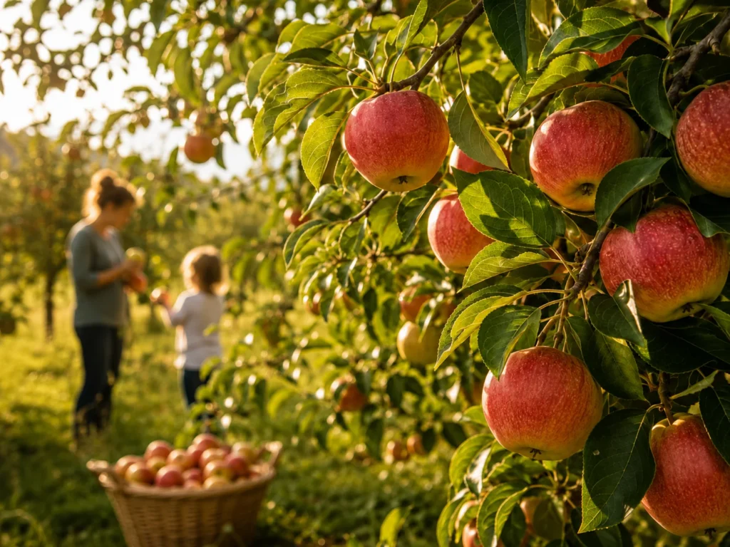 Un frutteto con mele mature sui rami, famiglia che raccoglie frutta sullo sfondo