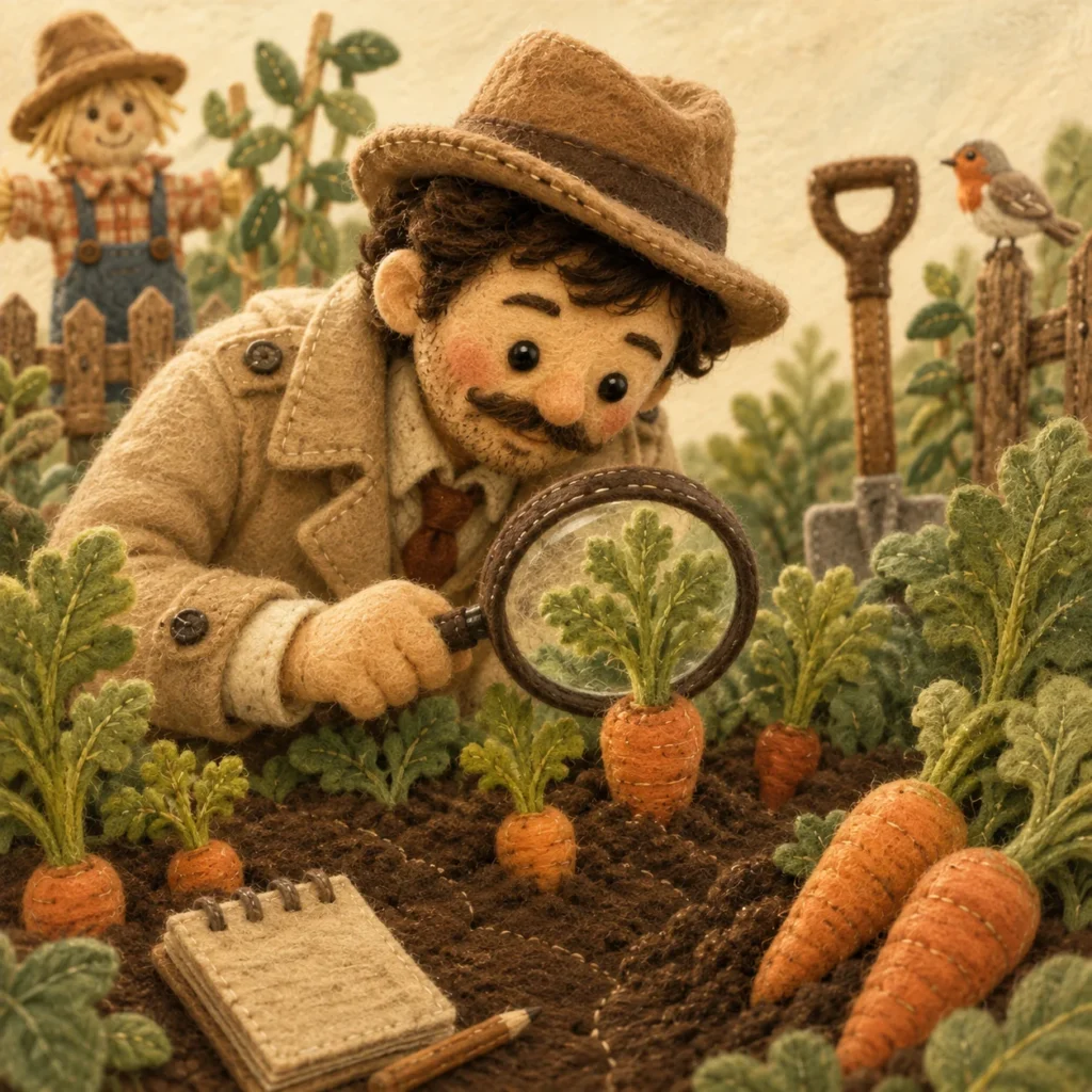 Un investigatore in stile feltro osserva delle carote nell'orto con una lente d'ingrandimento, illustrazione per lo spettacolo Cavoli a merenda