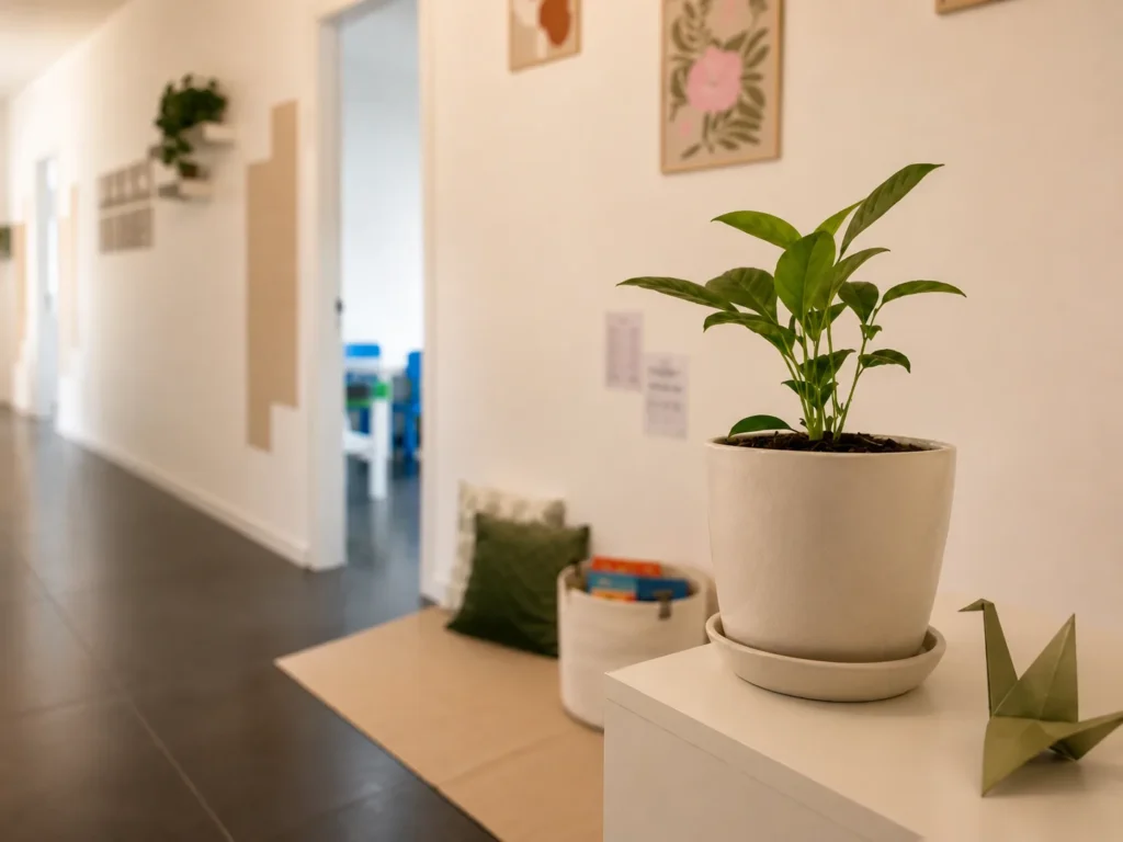 Una piccola pianta e una gru di carta su un mobile bianco, nel corridoio del Centro Origami