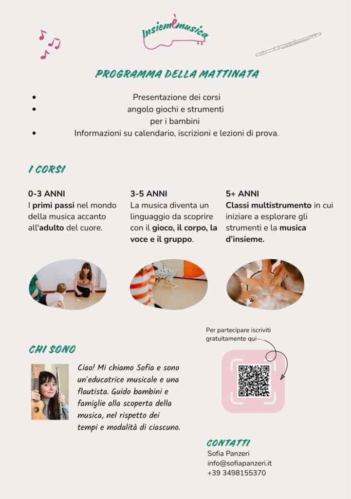 Seconda pagina della locandina: il programma della mattinata, i tre corsi per 0-3, 3-5 e dai 5 anni in su, la presentazione di Sofia Panzeri, il codice QR per iscriversi gratuitamente e i contatti.