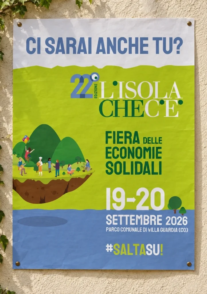 Locandina della 22ª edizione de L’Isola che c’è, Fiera delle Economie Solidali, affissa a un muro con l’edera: 19 e 20 settembre 2026 al Parco Comunale di Villa Guardia (CO)
