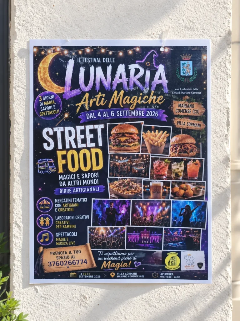 La locandina del festival Lunaria affissa a un muro: arti magiche a Villa Sormani, Mariano Comense