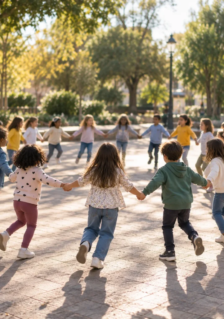 Bambini che giocano in girotondo in una piazza alberata