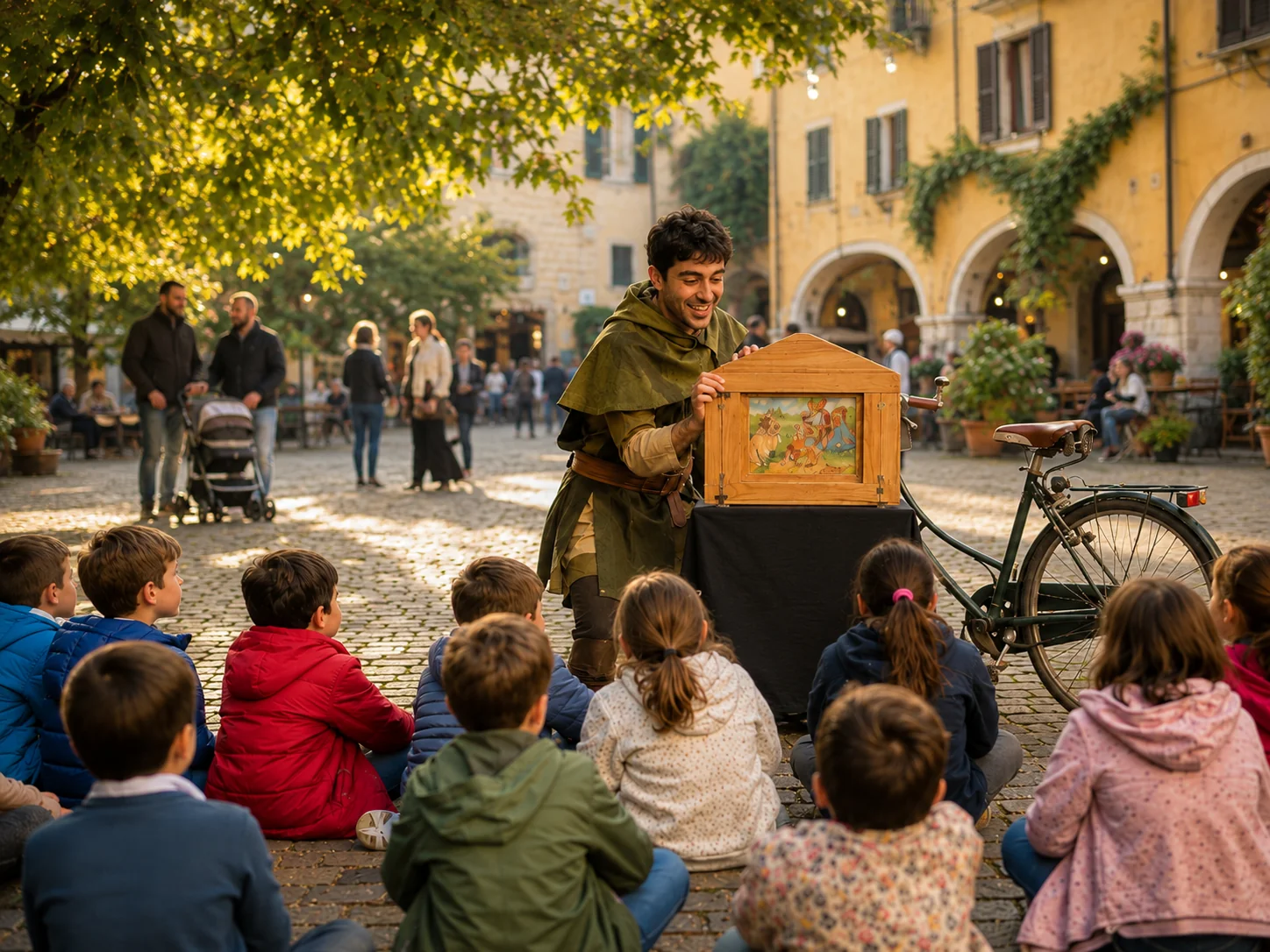 Un cantastorie mostra il kamishibai a un gruppo di bambini seduti in una piazza