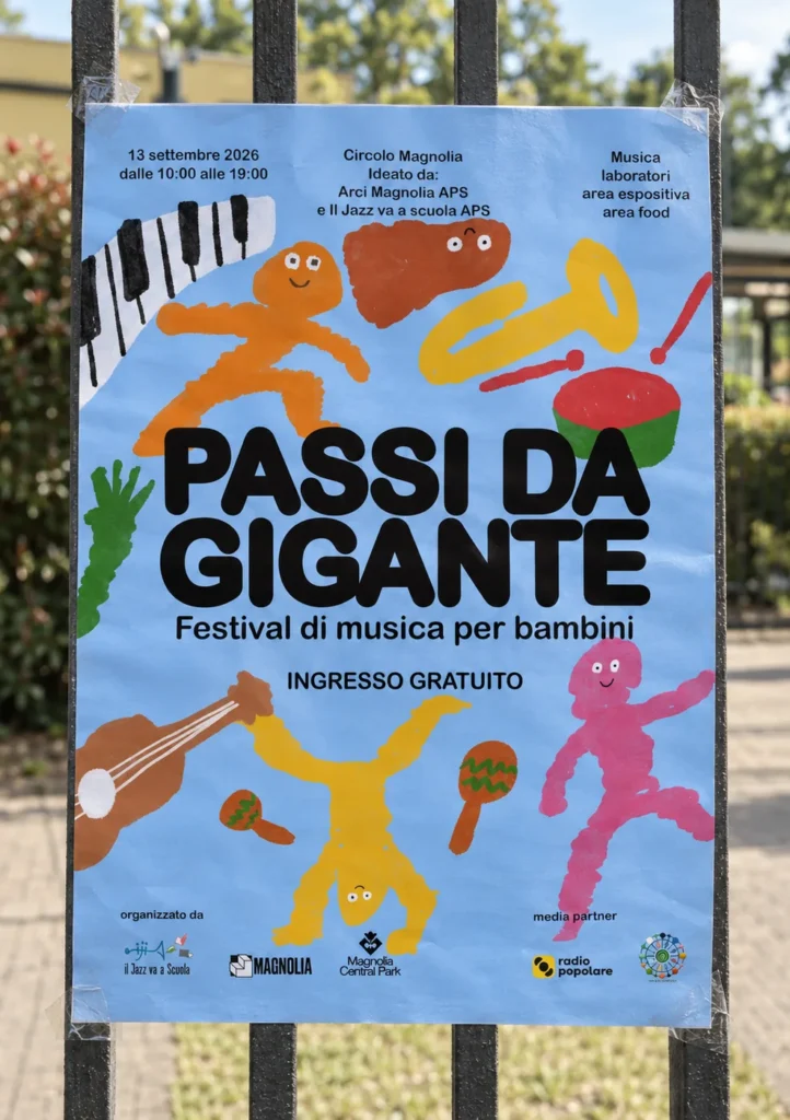 Locandina di Passi da Gigante, festival di musica per bambini al Circolo Magnolia